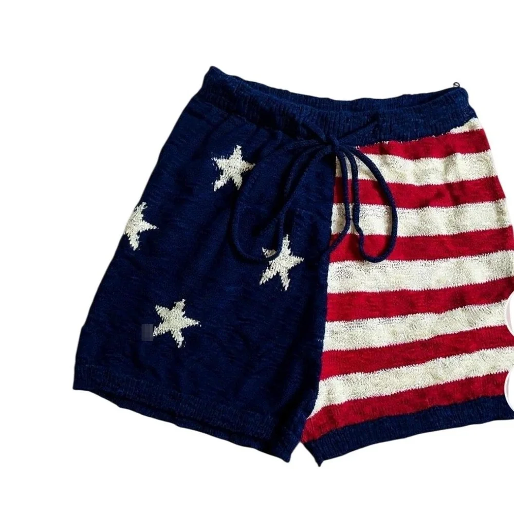 Pink Lily American Flag Knit‎ Shorts Navy Blue Red White Stars Stripes Womens